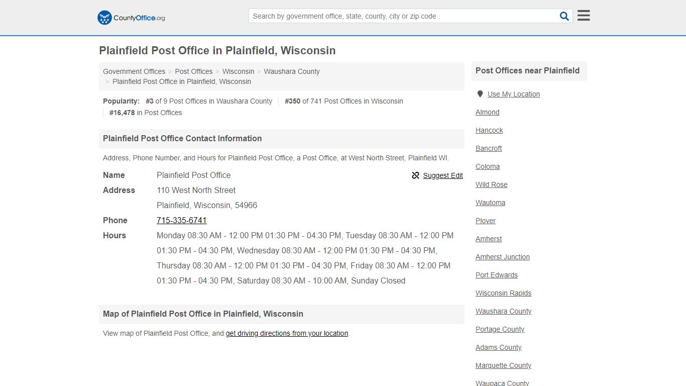 Plainfield Post Office - Plainfield, WI (Address, Phone, and Hours)