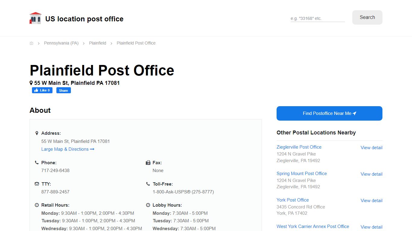 Plainfield Post Office, PA 17081 - Hours Phone Service and Location