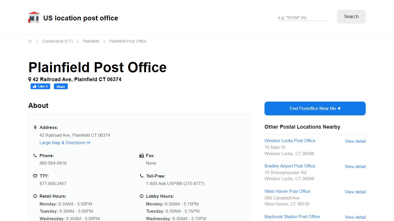 Plainfield Post Office, CT 06374 - Hours Phone Service and Location