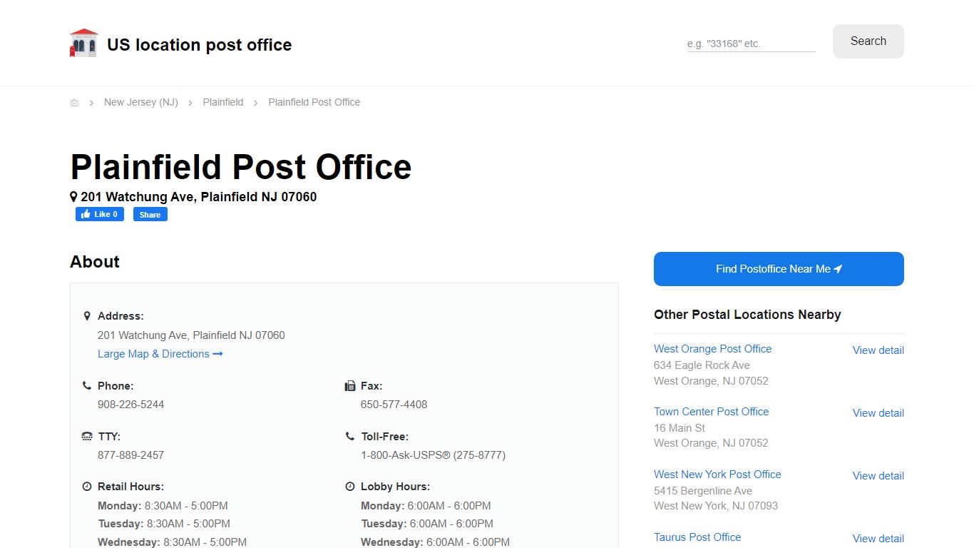 Plainfield Post Office, NJ 07060 - Hours Phone Service and Location