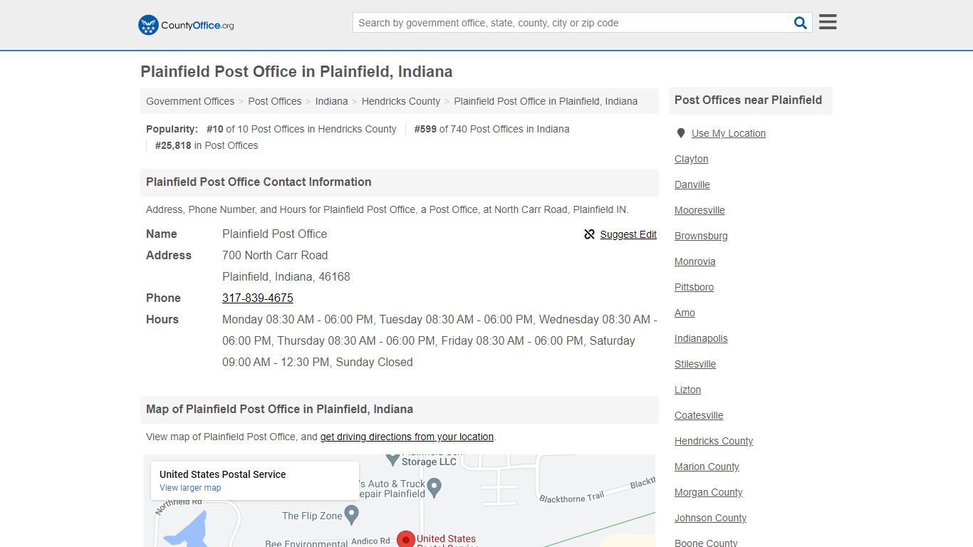 Plainfield Post Office - Plainfield, IN (Address, Phone, and Hours)